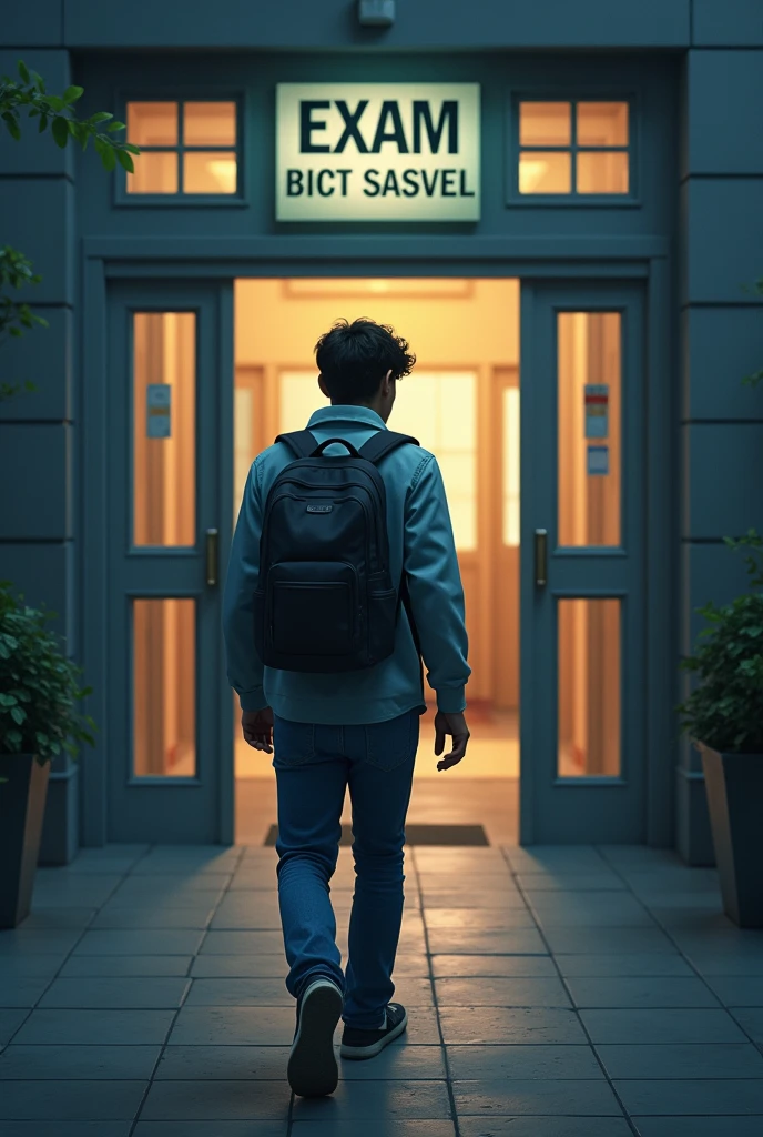 Image: the student (man) arrives at school, with a tired look and a backpack . A sign ANNOUNCES AN IMPORTANT EXAM and the student feels overwhelmed.