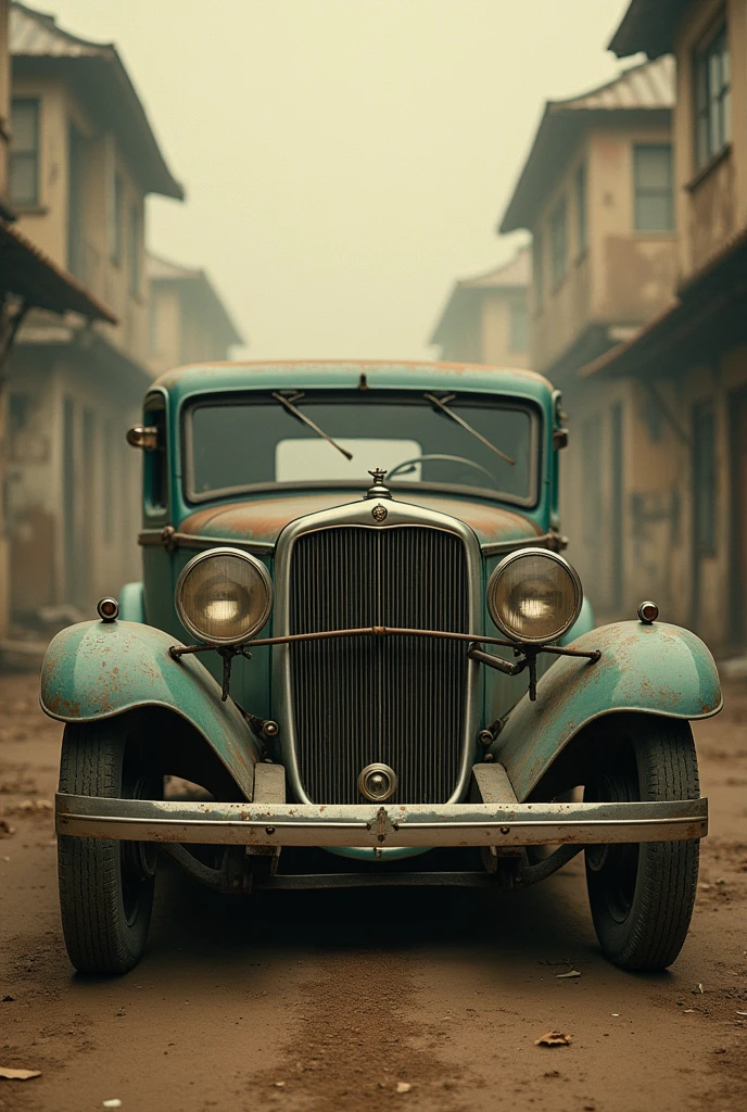 Marcedes old car is standing, look like old picture, dust , the light is on