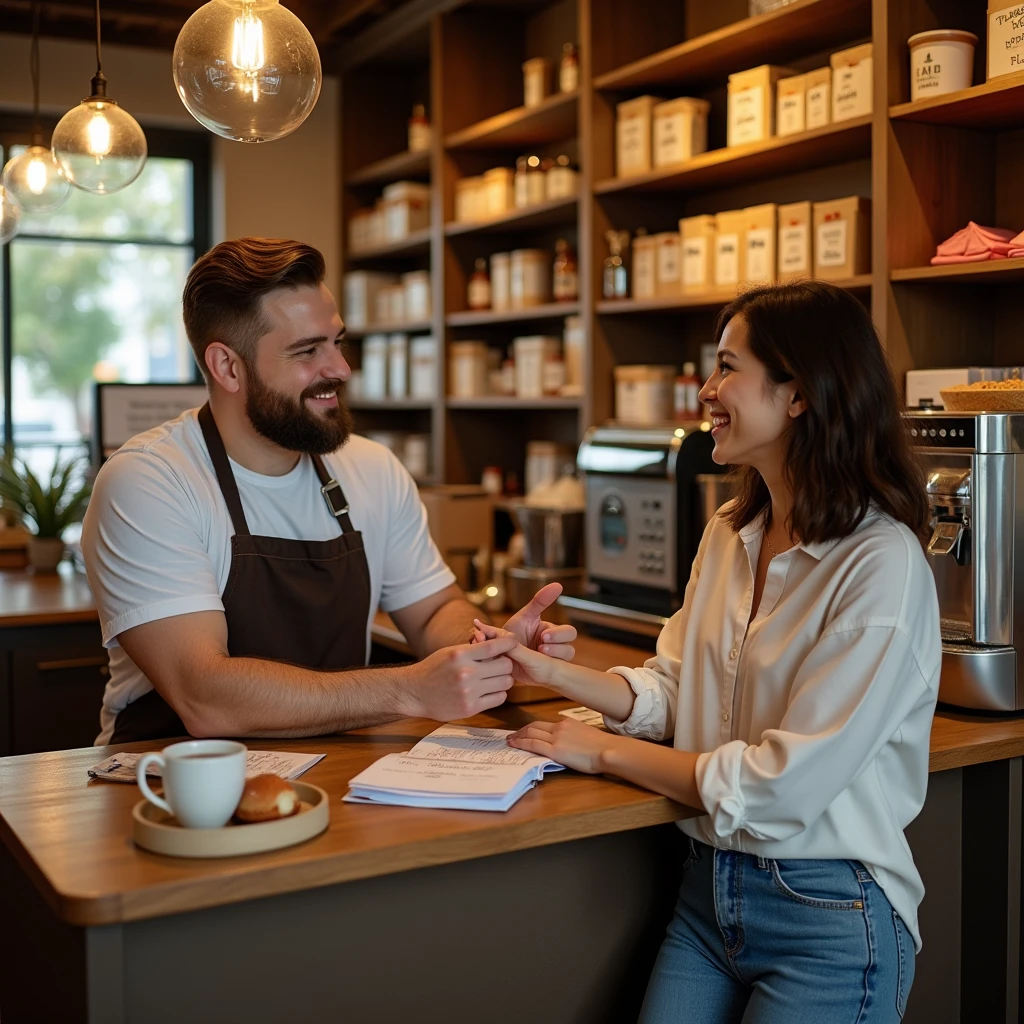 A cozy, welcoming shop interior with warm lighting and a friendly atmosphere. The shop is designed with care, featuring neatly arranged products on wooden shelves, a smiling shopkeeper offering personalized advice to a customer. The customer looks satisfied, holding a product they just purchased. There are small touches like handwritten thank-you notes, a coffee machine offering free drinks, and a suggestion box showing that the shop values customer feedback. The overall feeling is one of genuine care and connection between the shop and its customers