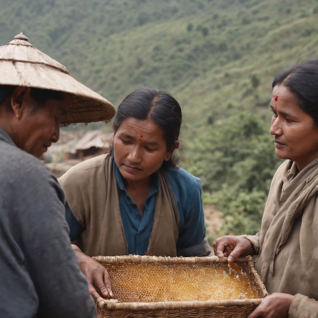 Nepali people clambing hills for honey
