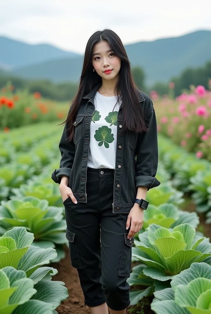 Beautiful Korean girl, smooth white skin, well-groomed face, long straight black hair, faint smile, posing in a very fertile and beautiful cabbage field, black jeans jacket, white T-shirt with the Santi logo decorated with cabbage motifs, cool watch, knee-length cargo pants, shoes white, mountain background and beautiful flowers, original photo, realistic