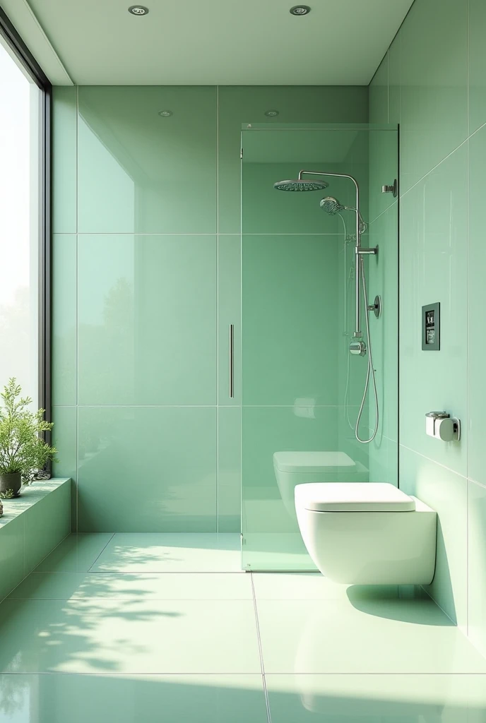The spacious bathroom features soothing pale green tiles that lend a refreshing feel to the room. A large glass window on one wall allows natural light to flood the space, enhancing its open and airy atmosphere. The elegant glass shower, with its sleek design, complements the tranquil color scheme. A separate glass-enclosed room houses the toilet, ensuring privacy while maintaining a sense of openness and light throughout the bathroom.