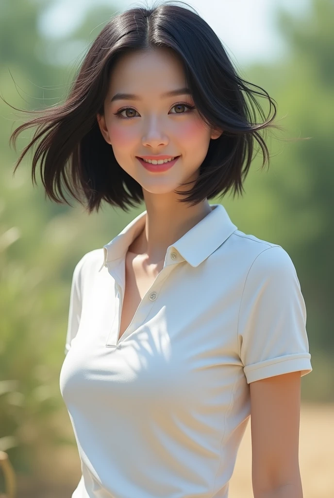 woman、2、Black Hair、Very Short Hair、skinny、White polo shirt、Her chest is a D cup、smile、whole body、Asian Face、Fluttering in the wind、Brushing her hair back