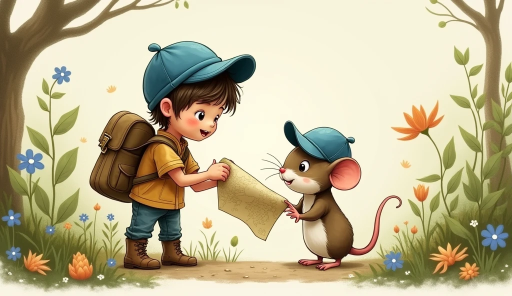 A drawing of a small mouse wearing a blue hat holding a map next to a boy wearing a dark yellow shirt and blue shorts.