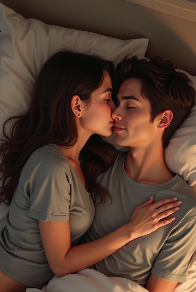 , grey t-shirt girl, kissing a boy on his eyes on bed 

