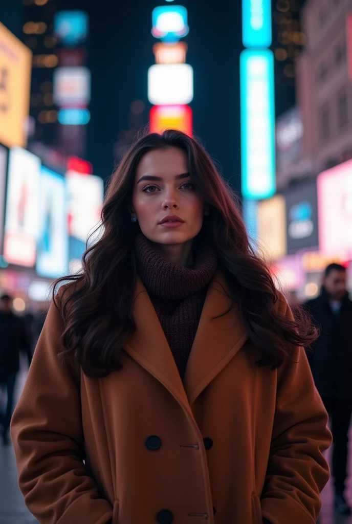 (4k) aesthetic picture of beautiful black haired chubby russian girl in overcoat blushing at time square