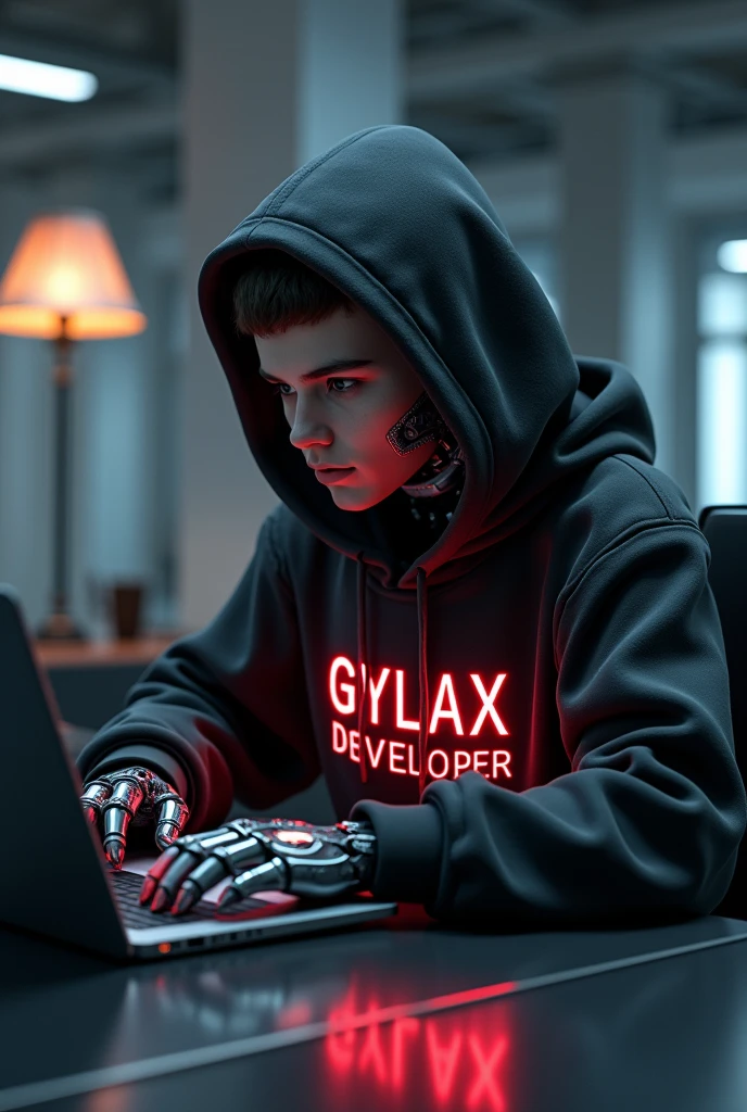 GIVE A FUTURISTIC BACKGROUND ON WHICH A Humanoid robot sitting DOING CODING ON A
Open LAPTOP , wearing a BLACK HOODIE WHICH HAVE A TEXT APPEAR IN NEON Red COLOR TEXT IS
"G Y L A X " " DEVELOPER " IN CLEAR WORDS VISIBLE TO US
IT SHOULD BE IN capital letter,,
IT SHOULD BE GYLAX NOT GALAXY
Humanoid robot face half covered with hoodie
Humanoid robot background should be attractive
Hoodie come over to eyes
Laptop not visible make it visible
Humanoid face have a attractive look or something like this image looks very amazing fantastic
Half covered face with hoodie
Laptop and humanoid both should visible a big image and
Attractive background like developers
Humanoid size is too big make it some small
Laptop should be of apple brand
Remove blur background and make it coder type
Table lamp too and all colours into grey
It's position in a diagonal way
LISTEN do one thing make this humanoid back side and also show text on its back
just move its face down to laptop screen and its face should look like a young human
MORE HANDSOME MAN FACE AND A TABLE LAMP
Diagonal sit and more handsome face and neck too human