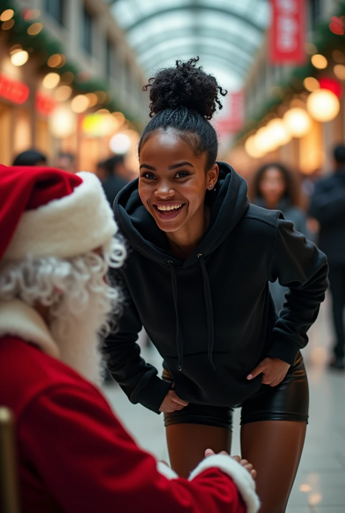 black woman hair in a bun black hoodie black leather short shorts excited and eyes wide open on her face setting in santa claus lap at the mall 8k
backside view low angle