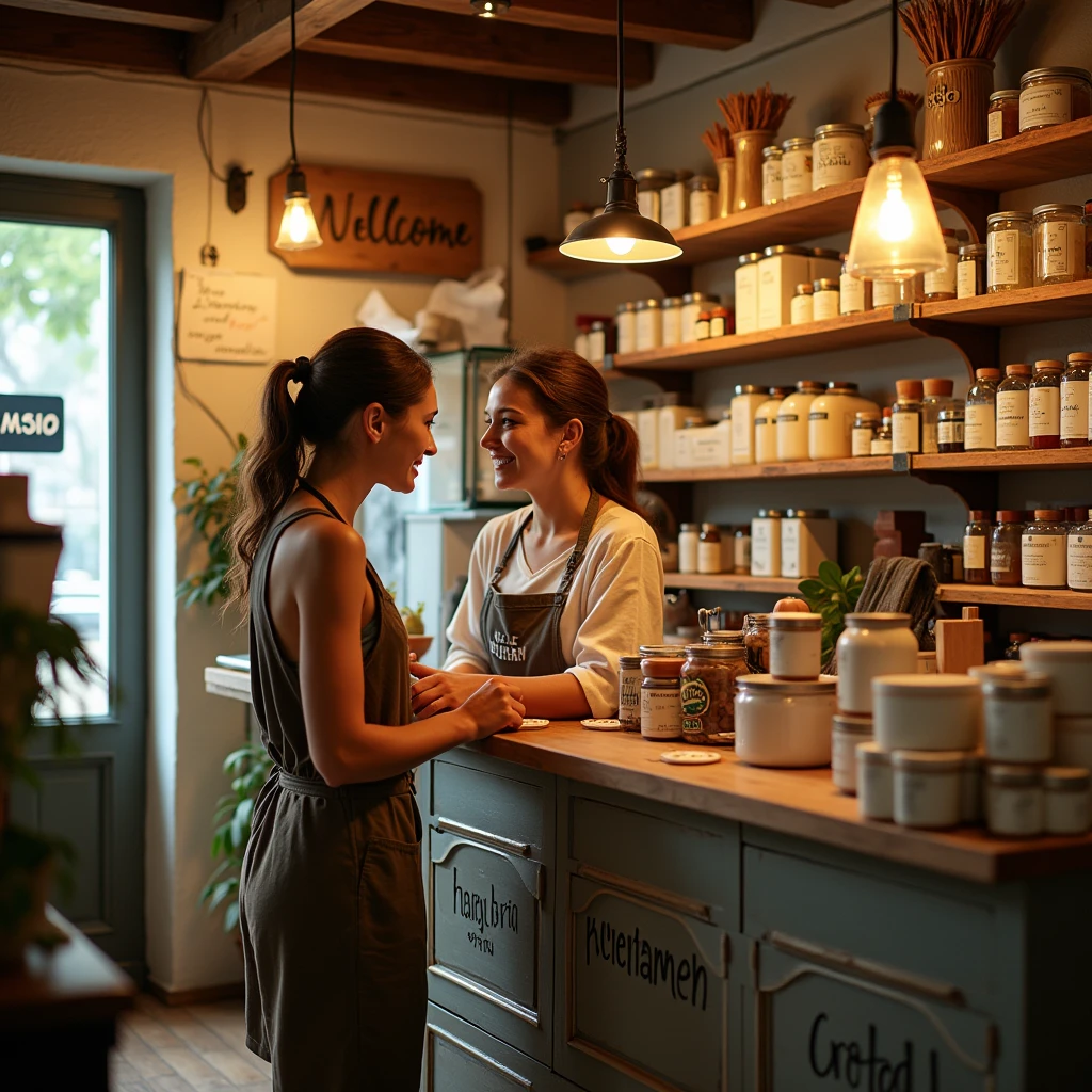 "A cozy and welcoming shop interior with warm lighting. The shop owner, dressed in a simple yet stylish outfit, is attentively helping a customer with a sincere smile. The shelves are neatly arranged with various products, each labeled clearly. There are small details like handwritten thank you notes, a friendly 'Welcome' sign at the entrance, and a comfortable seating area where customers can relax. The shop has a homely and inviting atmosphere, reflecting the care and dedication of the owner towards the customers.