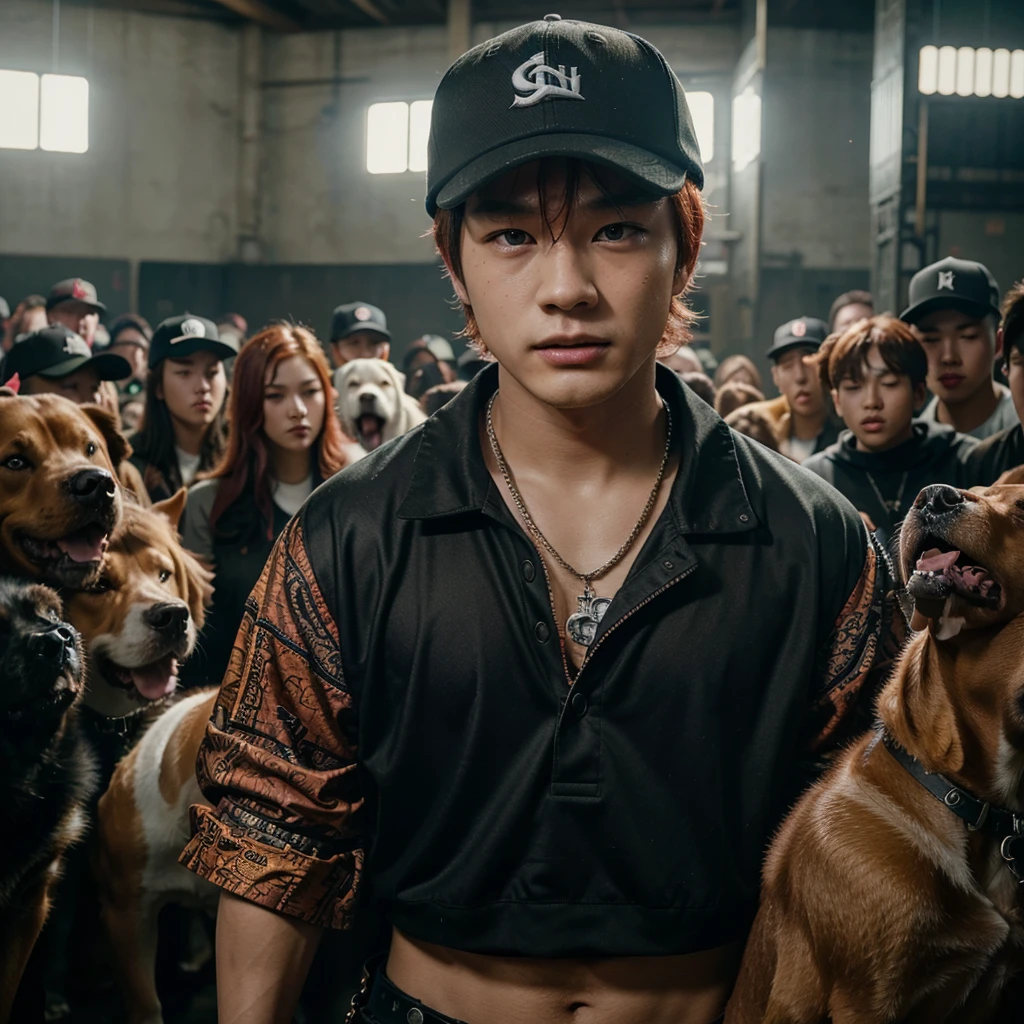 Yang Jeongin, member of Stray Kids. A redheaded boy wearing 2000s style clothes and a cap, surrounded by several large breed dogs, chaotic pitbulls, detailed portrait, 1boy, beautiful detailed face, long eyelashes, hyper realistic, cinematic lighting, dramatic atmosphere, intricate details, warm color palette, vibrant colors.
