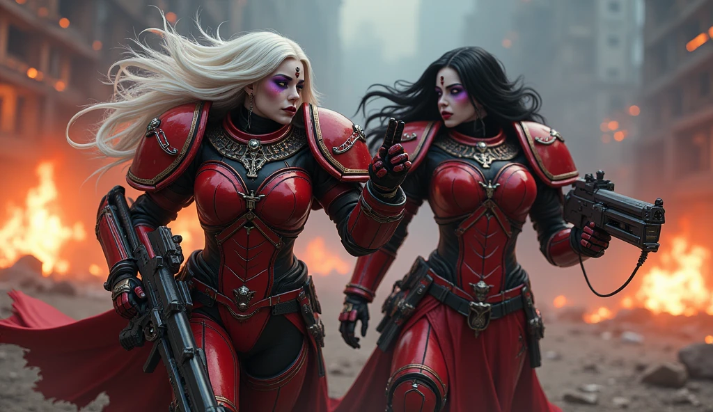 Full body pose sexy sisters of battle from the warhammer 40k, shooting at the enemy, red space marine armor with intricate details, religous symbols on the armor, sisters of battle, warhammer 40k, Massive silicone breast, pale skin, seductive, temptation, eat your soul, clevage, long white flowing hair with red highlights, long black flowing hair with purple highlights, heavy gothic makeup, at night, neon, beautiful detailed eyes, beautiful detailed lips, extremely detailed eyes and face, long eyelashes, highly detailed armor, intricate futuristic weaponry, dramatic lighting, cinematic composition, muted color palette, gritty and realistic, mecha, science fiction, hyper-detailed, photorealistic, award winning digital art, 8k, HDR, masters work, in the middle of a battle field, full body combat action pose, explosions and fire around, full war, stunning, Stilleto heels, high heels, full body pose, cinematic, movie trailer, final stand!, nemesis, ready to strike, dust and debree, combat screams, attacking, shooting at the enemy, running forward, last line of defense, charging, fanatic, religious, templar knights, sisters of battle, warhammer 40k