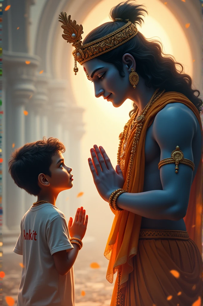 A  boy who is standing in front of Krishna with folded hands and the name behind his t-shirt is Ankit.