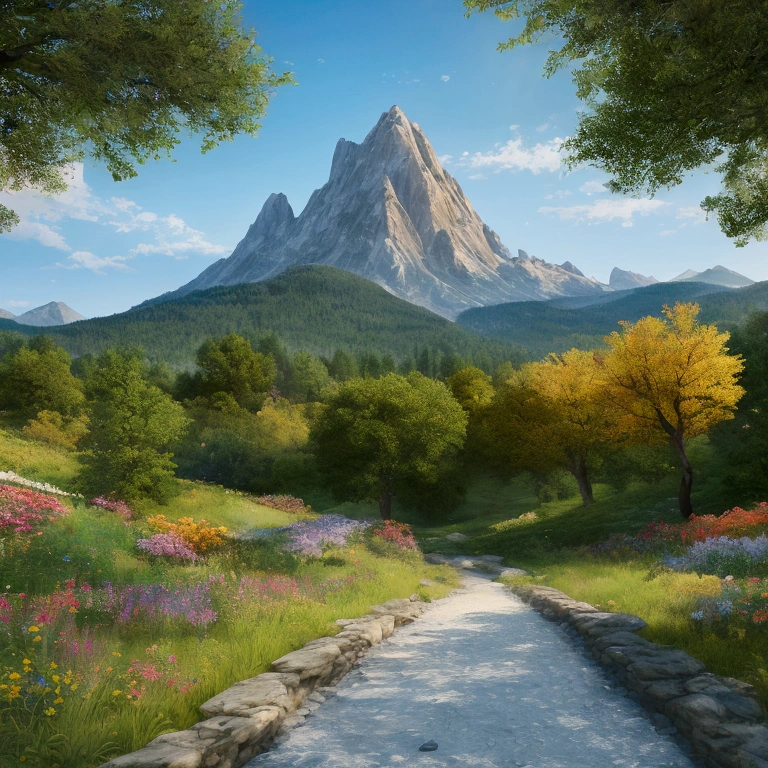 (masterpiece:1.2,Exceptional, Cinematic Experience),8k,wallpaper, Mountain with trees and flowers, Scenery, perfectly detail, extremely detail, realistic, extremely realistic