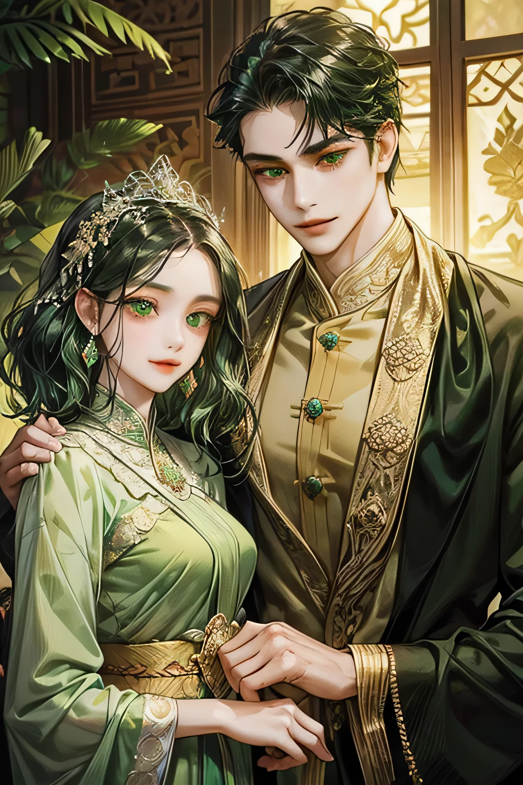 couple, javanese style, smile and charming, quiet but gentle, green attire suit, light green eyes, black hair, black wavy hair, kebaya, indonesia temple, javanese style,masterpiece, detailed eyes, detailed body, accurate
