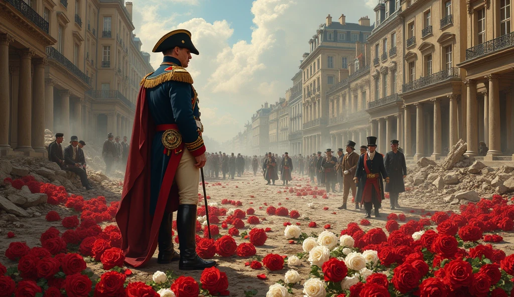1805 (masterpiece, best quality) destroyed city (Paris); Napoleão Bonaparte in the streets; thousands of red white roses on the ground