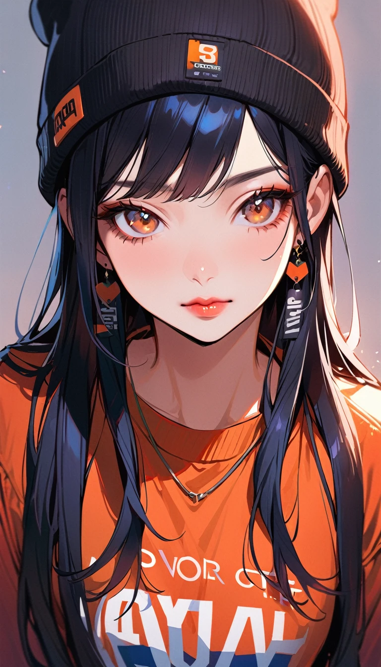 1girl, solo, long hair, black hair, clothes writing, brown eyes, looking at viewer, beanie, lips, upper body, closed mouth, shirt, earrings