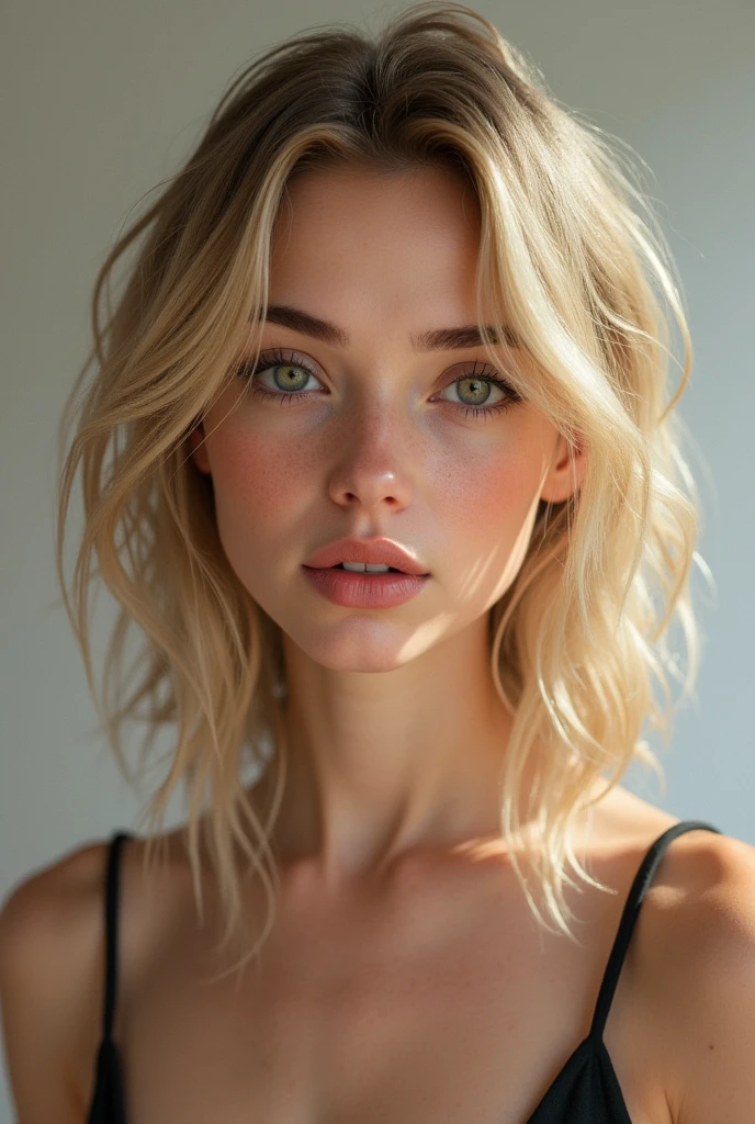 Une jeune femme blonde, avec des cheveux mi-longs avec de peau avec des imperfections mais pas trop et une texture de peau humaine
Visage plus rond