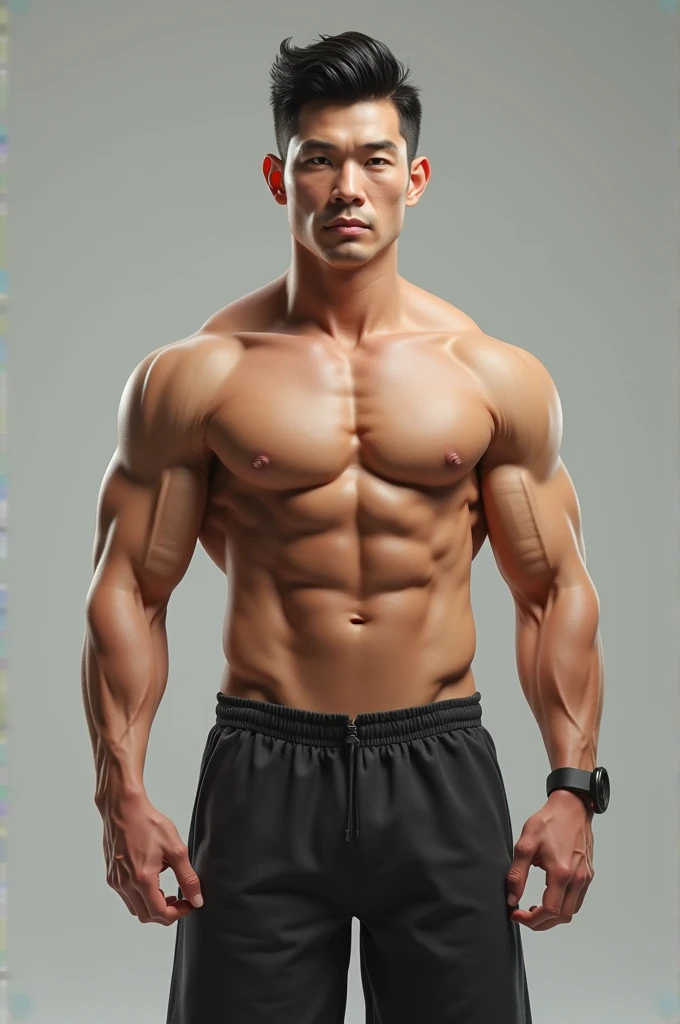 Muscular Asian with realistic face and realistic body