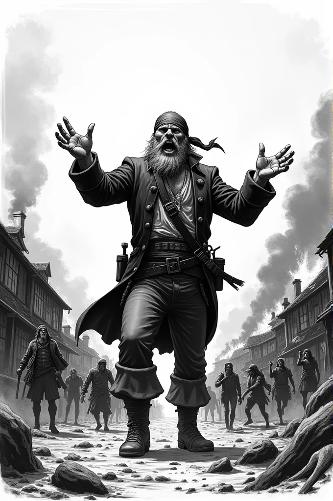 Create an easy to draw black and white drawing, of a pirate yelling at others , while they burn and kill people in a town that is around the sea 
