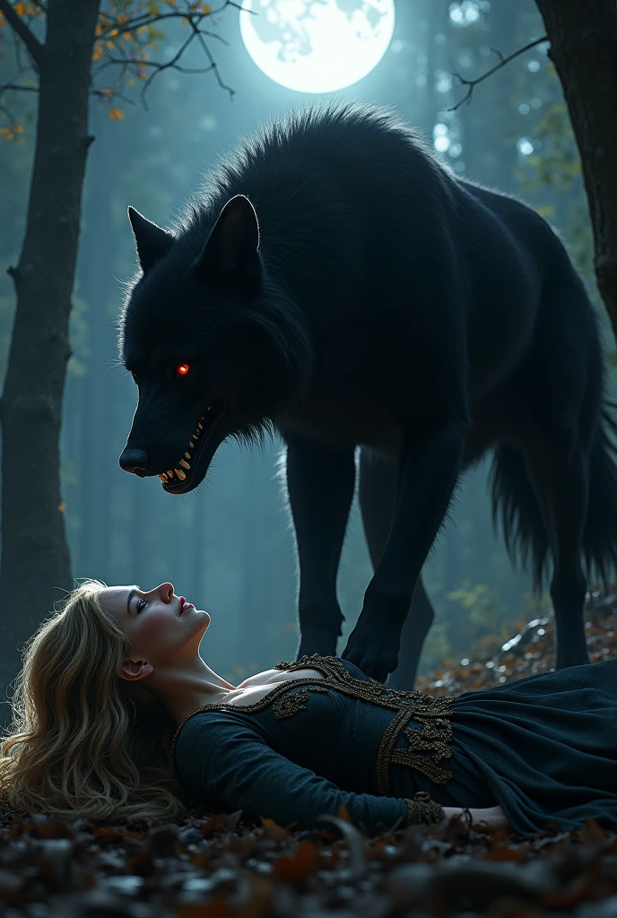 uma jovem de 20 anos, blonde, long  hair, angelic face one intense blue eye and the other red, with claws in his hands and fangs like a wolf( earless) in a gloomy forest, dressed the same as Liana Stark , in front of her a strong man, brawny, of claws, torn outfit, and visible teeth, Eyes red, like a human almost turning into a werewolf.

They are face to face facing each other, as if they were going to fight