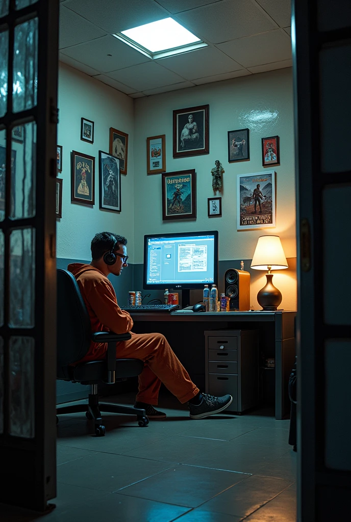 A prison cell that have a gaming set up ld light, foods,and showing the cells