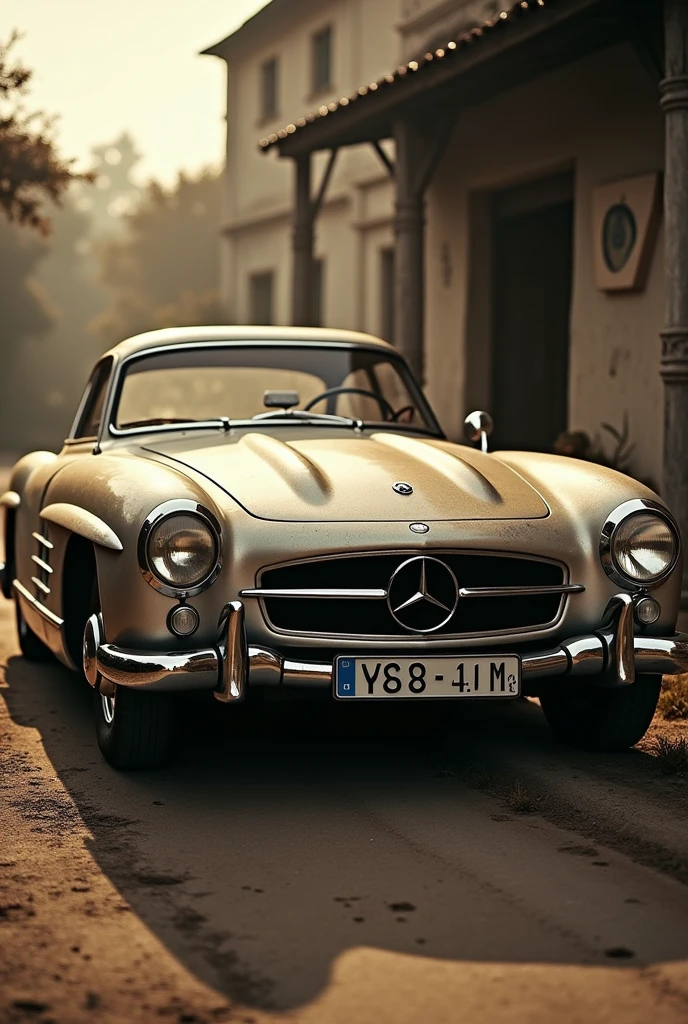 Marcedes old car is standing, look like old picture, the light is on