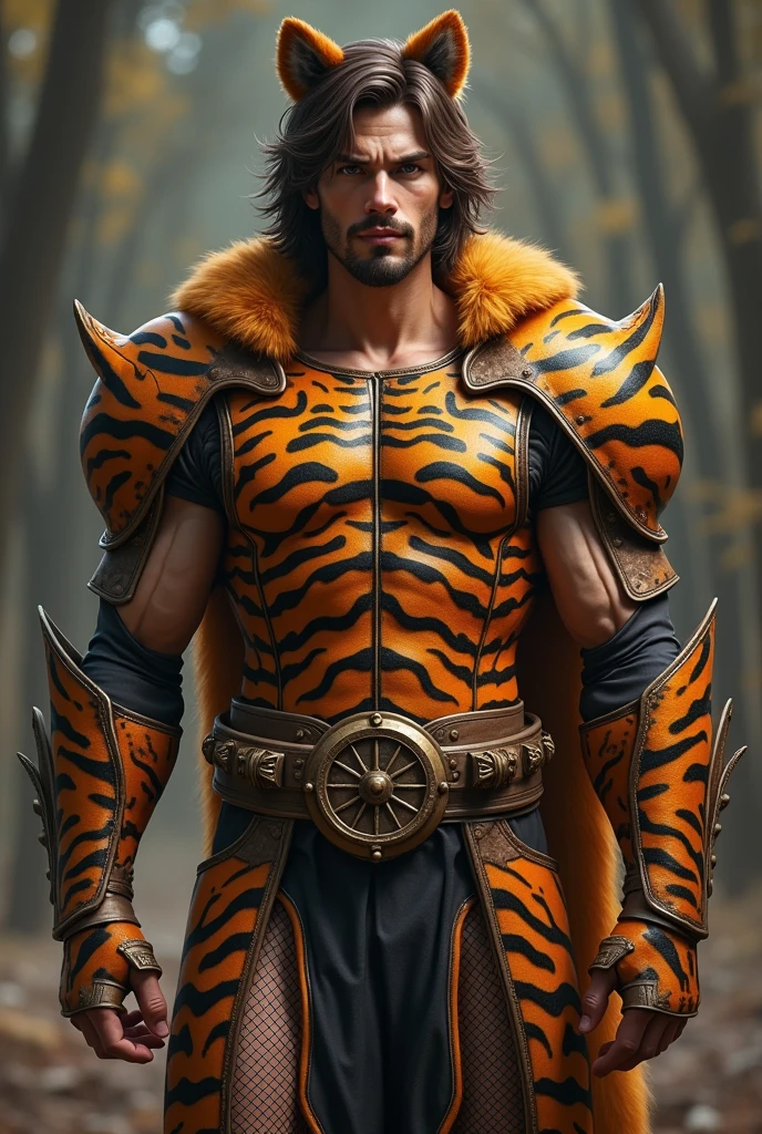Cleric Man with medium brown hair wearing sexy tiger armor, with tiger ear hair bow, fishnet tights and clogs