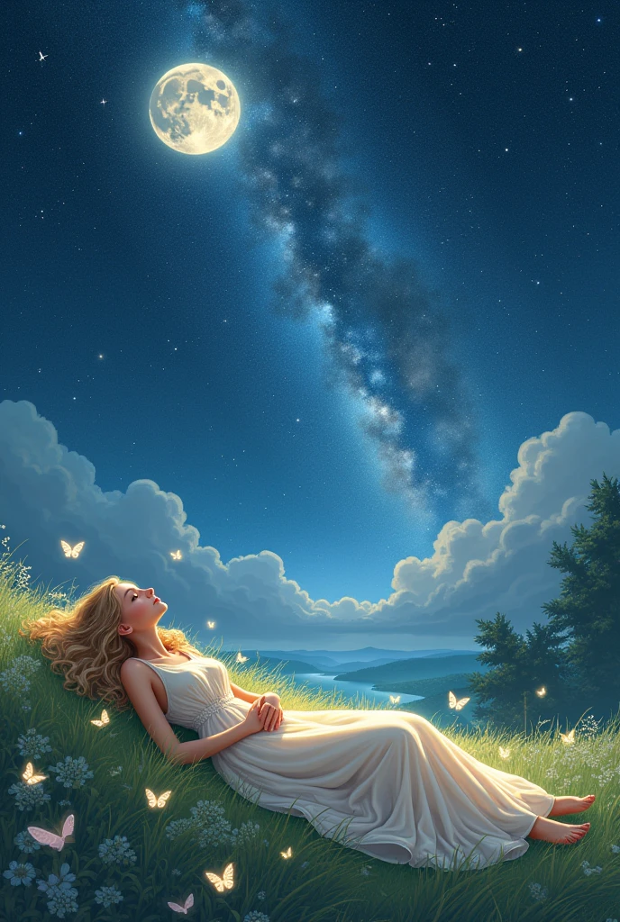 dreaming girl with blonde curly hair, world with galaxy and moon, butterflies on green meadow, bright, lying next to a large tree, long dress made of stars, at night and galaxy,
