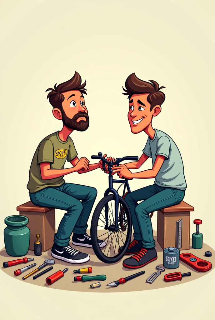 Two mens with a t Shirt written SKCF bike point with repairing tools cartoonised image