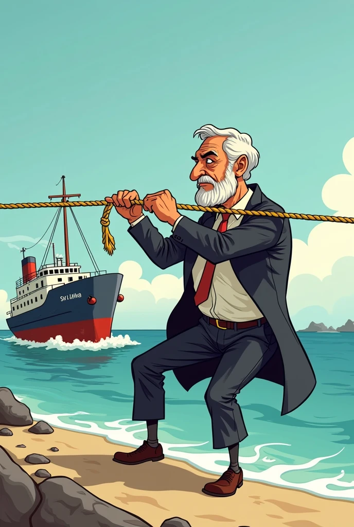 A cartoon image of an aged businessman with coat and suit pulling a drowning cargo ship named Sri Lanka to shore with rope on his shoulders