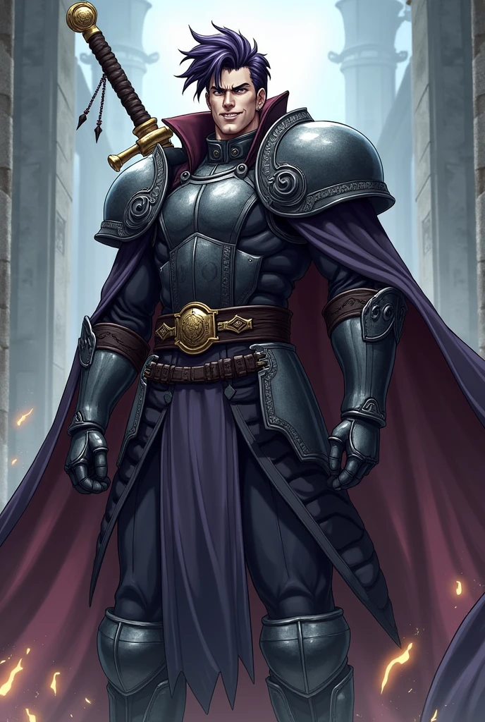 Black-skinned knight dressed in silver armor, wearing a purple tabard with a clerical stole resting on his shoulders holding a silver skull-shaped helmet
