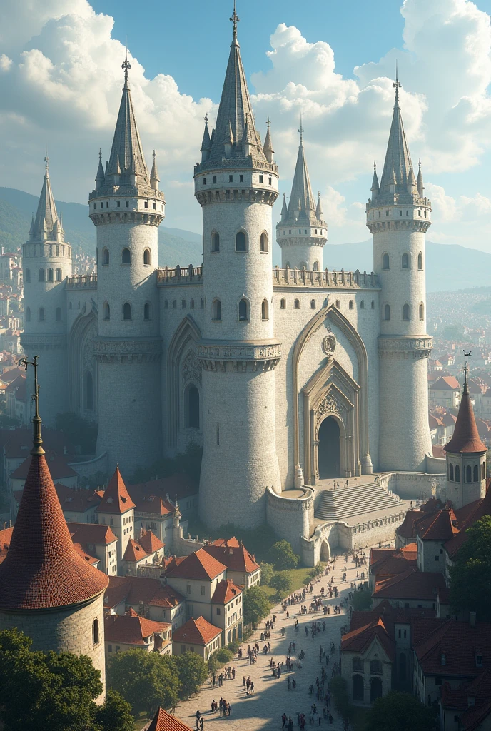 Create a white medieval fortress with 5 towers, in the center of a medieval city