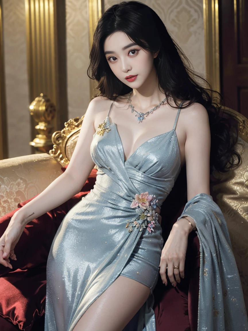 top-quality、tmasterpiece、超A high resolution、(Photorealsitic:1.5)、RAW photogr、1girl in、shadowy、deep shading、Unobtrusive、cold light、Sexy appearance、long whitr hair，curlies、((Luxury evening dress))、((Luxurious painting))、((Luxurious necklace))、((Floral hair ornament))、((Hair_decorations))，hdr