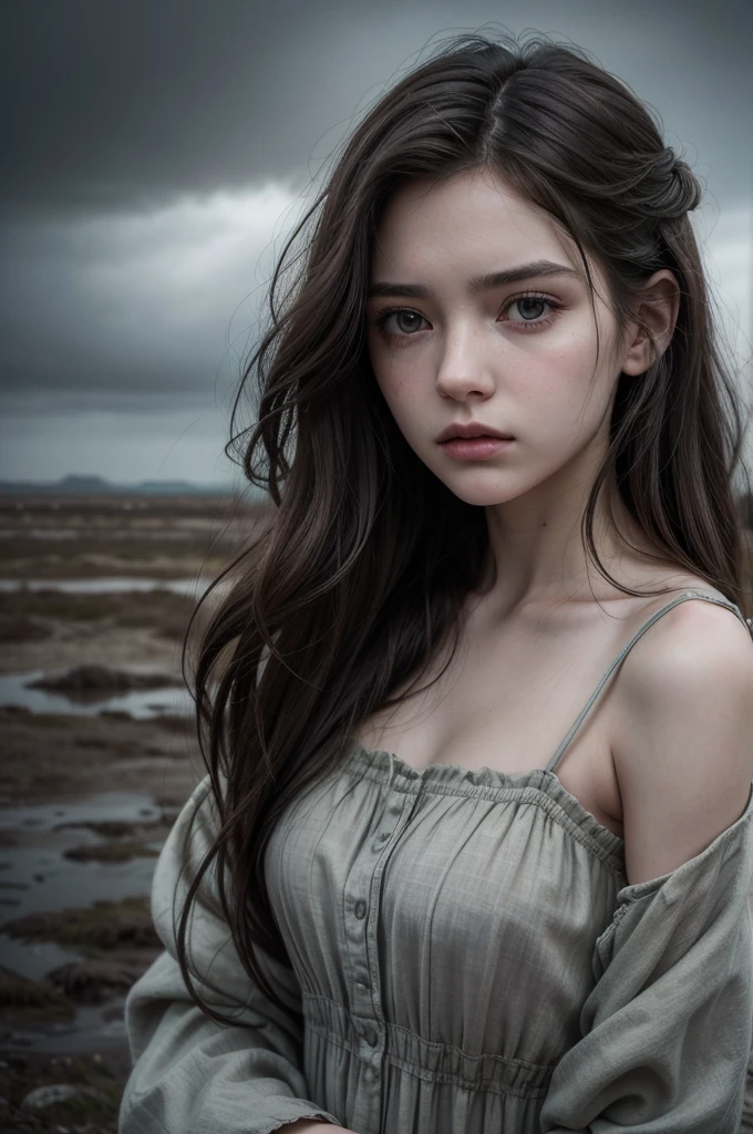 a sad girl, detailed portrait of a young woman with melancholic expression, long wavy hair, piercing eyes, delicate facial features, wearing a vintage dress, standing in a desolate, gloomy landscape, overcast sky, dramatic lighting, muted color palette, oil painting, cinematic, photorealistic, award winning digital art, 8k, ultra-detailed, masterpiece