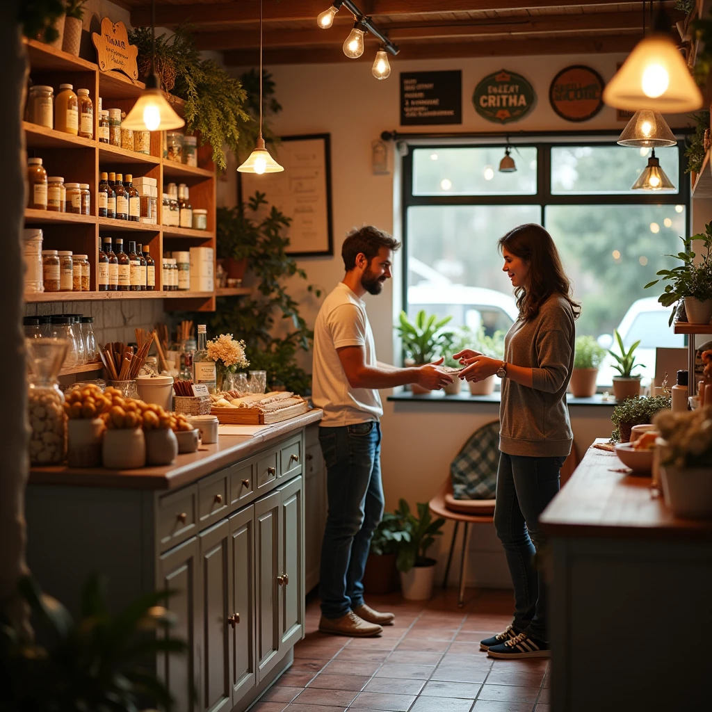 "A cozy and welcoming shop interior with warm lighting. The shop owner, dressed in a simple yet stylish outfit, is attentively helping a customer with a sincere smile. The shelves are neatly arranged with various products, each labeled clearly. There are small details like handwritten thank you notes, a friendly 'Welcome' sign at the entrance, and a comfortable seating area where customers can relax. The shop has a homely and inviting atmosphere, reflecting the care and dedication of the owner towards the customers.