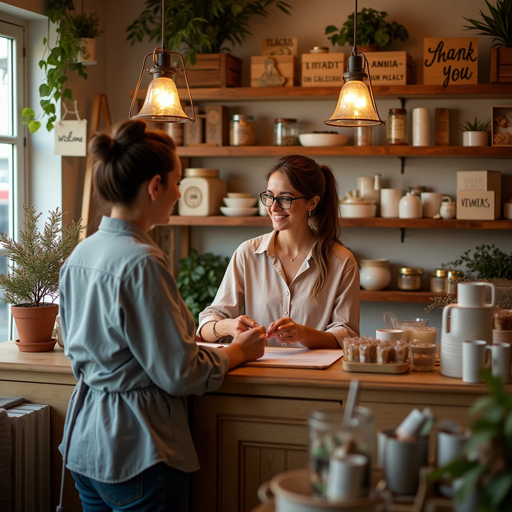 "A cozy and welcoming shop interior with warm lighting. The shop owner, dressed in a simple yet stylish outfit, is attentively helping a customer with a sincere smile. The shelves are neatly arranged with various products, each labeled clearly. There are small details like handwritten thank you notes, a friendly 'Welcome' sign at the entrance, and a comfortable seating area where customers can relax. The shop has a homely and inviting atmosphere, reflecting the care and dedication of the owner towards the customers.