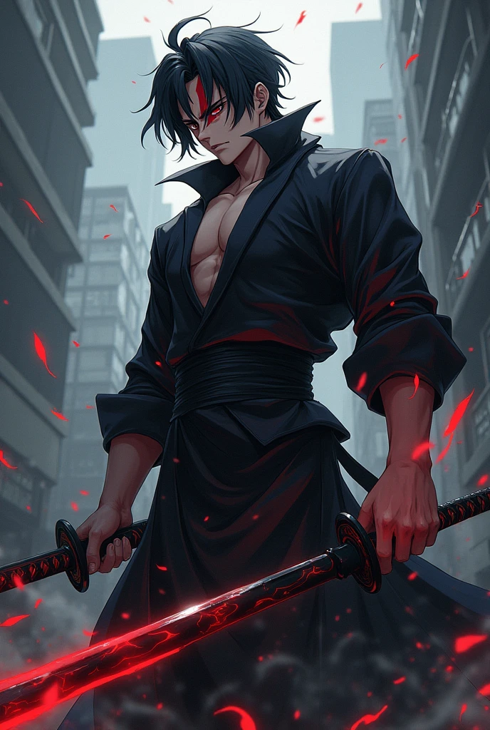 Create a male anime character Power of vacuum Black hair Red scar on eye 2 Black katana