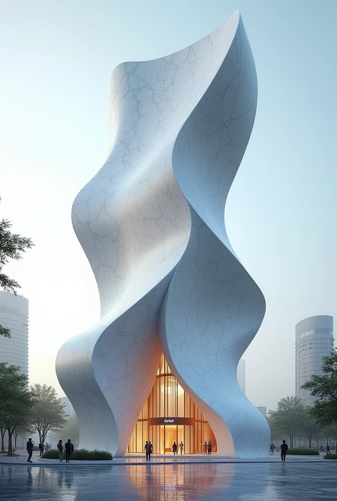 Marble facade high rise building with unique shape
