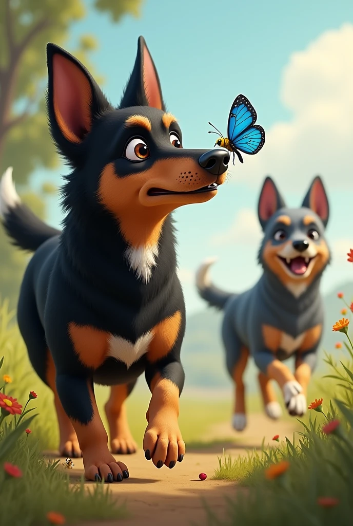 black brown australian kelpie dog with a bee on its nose, and behind an Australian cattle dog running after a blue butterfly