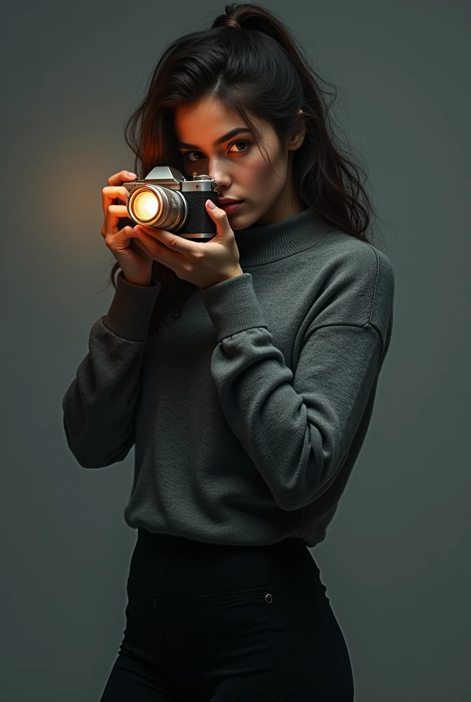 Create a drawing of a woman in a gray sweater, black leggings and a camera with flash 