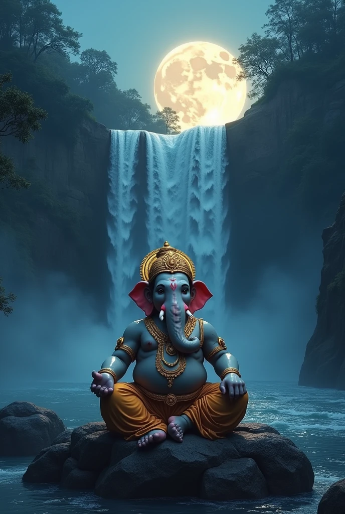 Create A 8D High Quality Ultra Detailing Image Of Cute Ganesha Sitting in front of a waterfall and the water of the waterfall is flowing.. Background Features Is Midnight Moon is Shining.