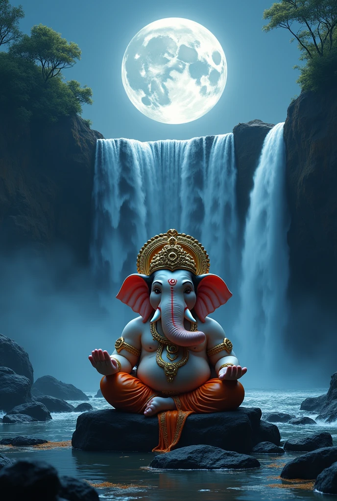 Create A 8D High Quality Ultra Detailing Image Of Cute Ganesha Sitting in front of a waterfall and the water of the waterfall is flowing.. Background Features Is Midnight Moon is Shining.