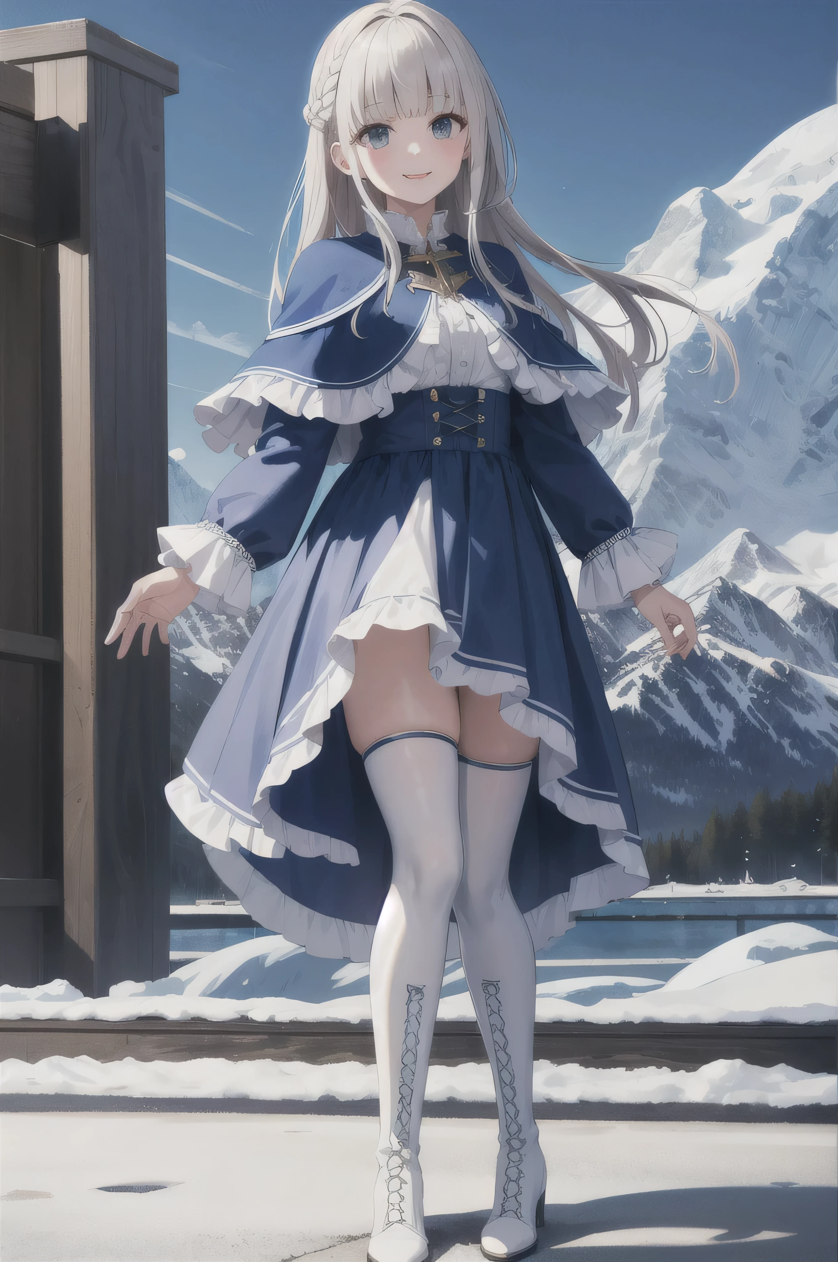 masterpiece,Highest quality,High resolution,Very detailed,avalanche,Long Hair,Braiding,french Braiding,Blunt bangs,Capelet,blue Capelet,dress,blue dress,Frills,Long sleeve,Thigh-high boots,Cross-laced shoes,(White footwear:1.2),Outdoor,Cowboy Shot,smile,Are standing,