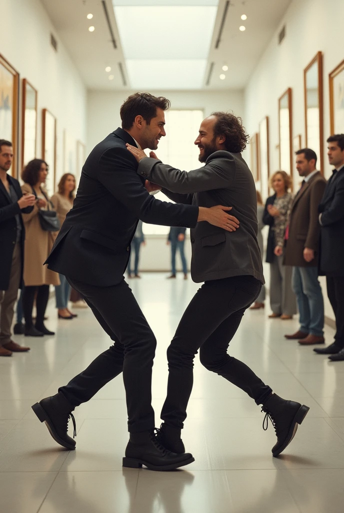 Two artists punching each other in a gallery