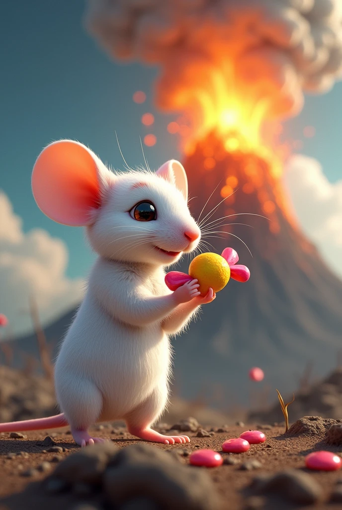White mouse holding a sweet candy in one hand and a volcano erupting in the back