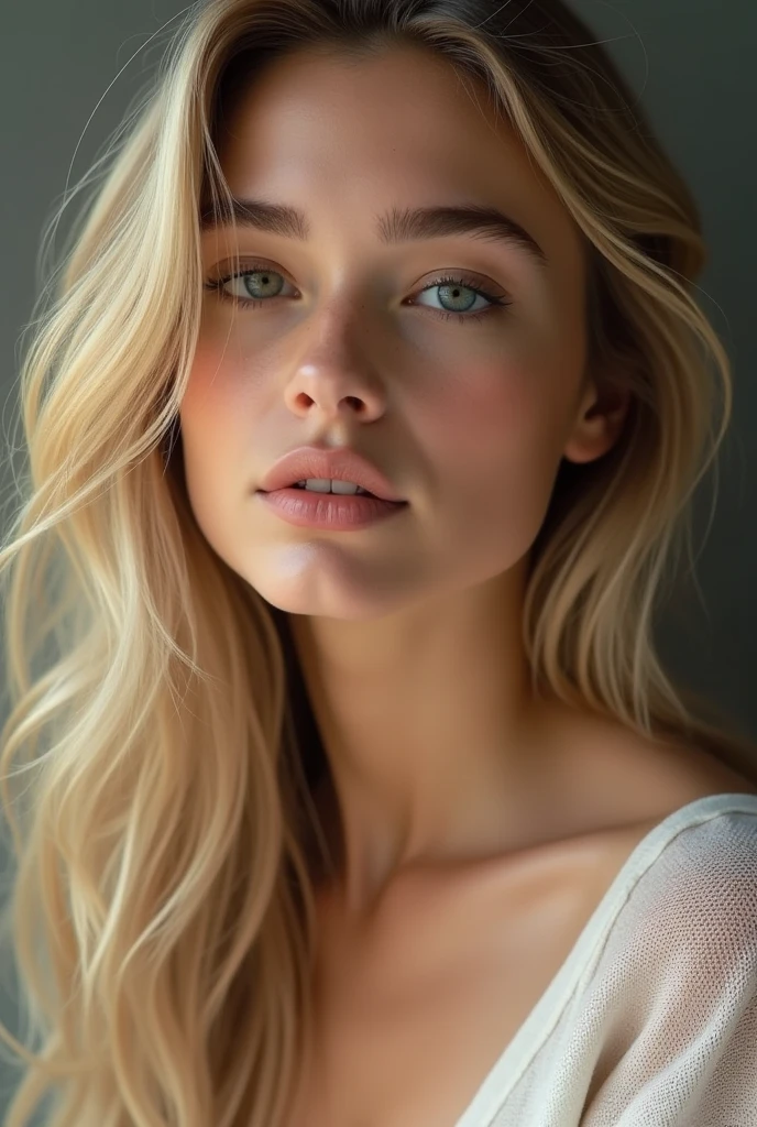  Une jeune femme blonde, avec des cheveux mi-longs avec de peau  avec des imperfections mais pas trop et une texture de peau humaine 
Visage rond 