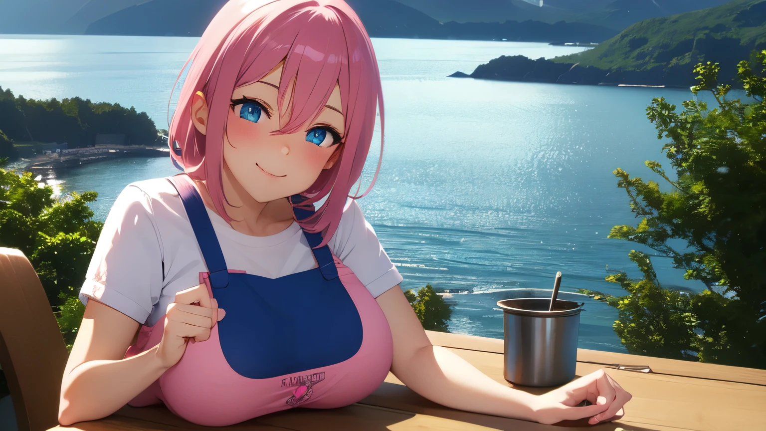 cute, sexy blue eyes, pink hair girl, pink apron, sweet, big breast, blushed face, perfect, waifu, perfect light, scenery, sexy, romance, point of view 