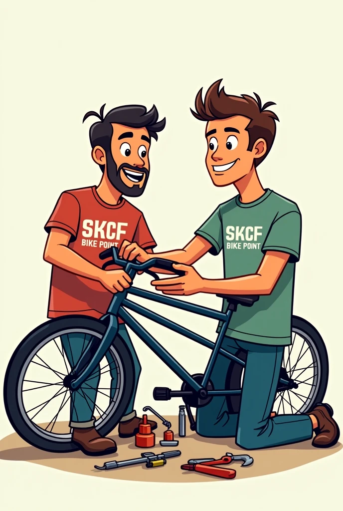Two mens with a t Shirt written SKCF bike point with repairing tools cartoonised image