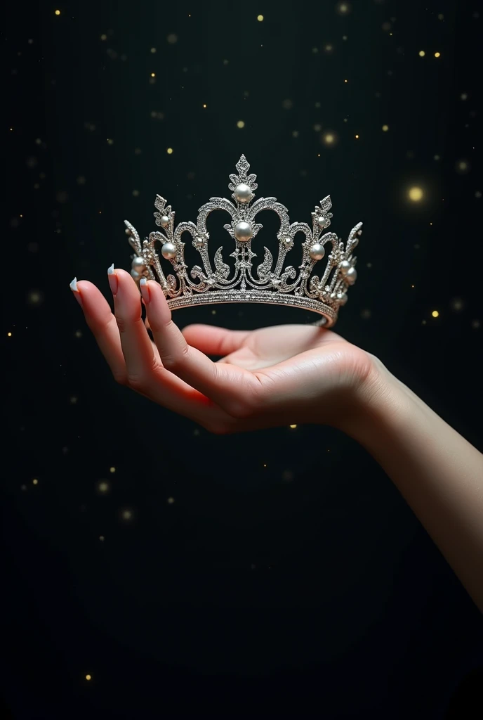 (bookcover) a soft hand holds a wedding crown, black background with sparkles