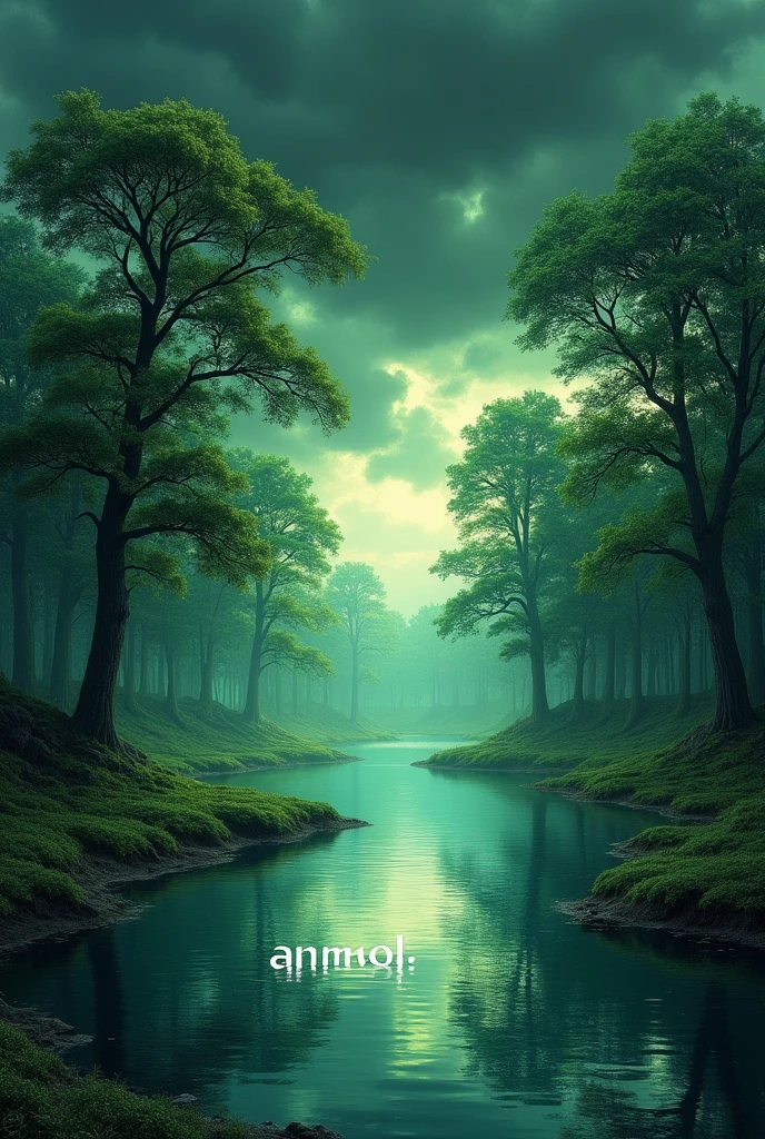 Neela pani h or pani me likha h (anmol_ramgadiya) ,green trees h, or black clouds ,